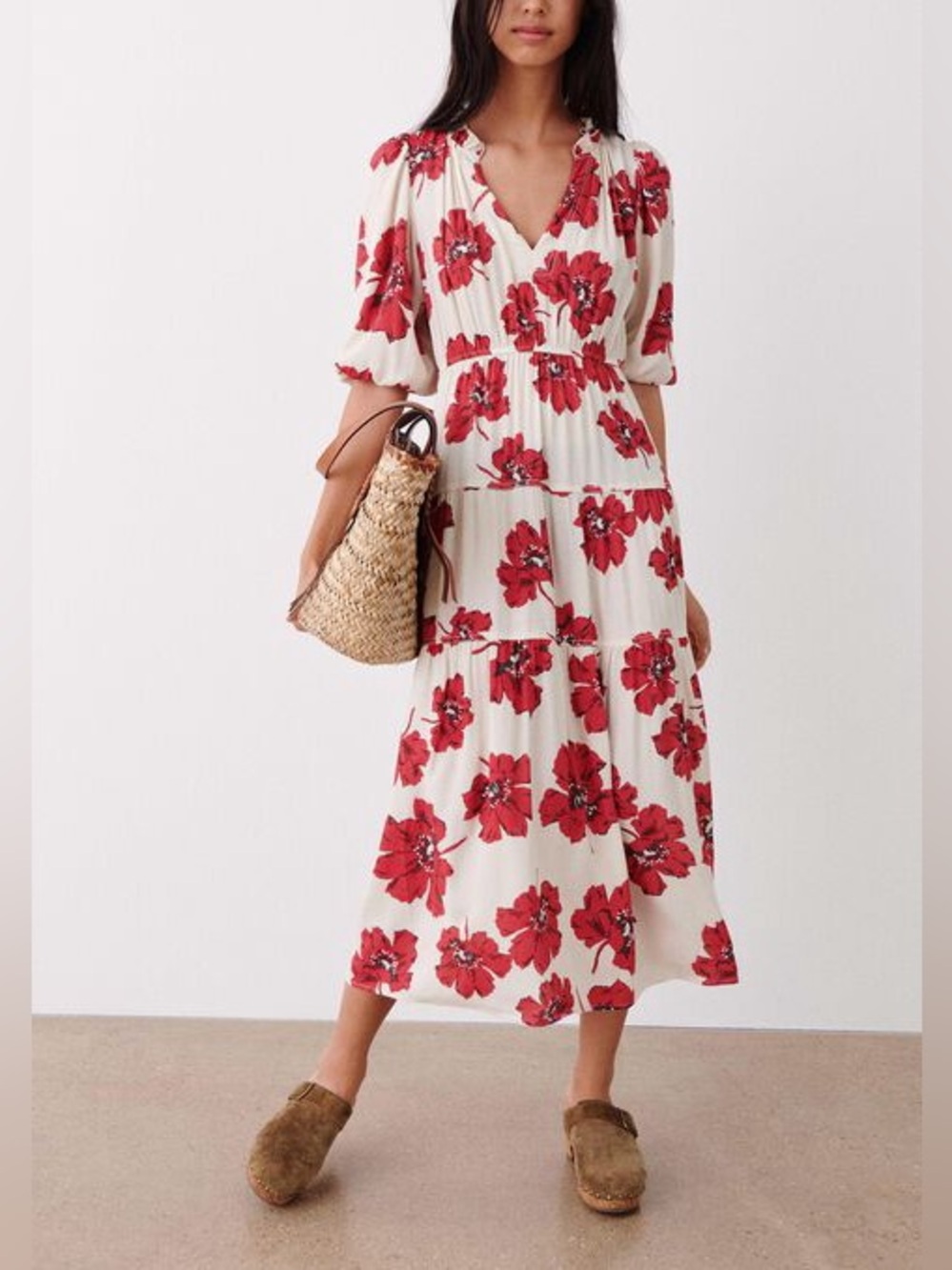 ba&sh Kory Red Floral Print Midi Dress Women's Sz S,‎ 100% Viscose